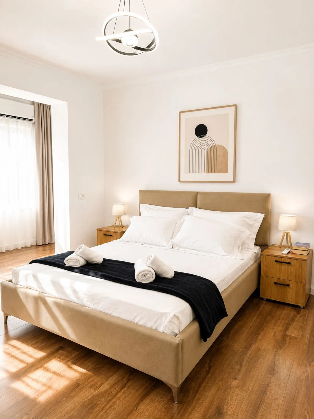 Bedroom with a double bed, white bedding, bedside lamps and fresh towels